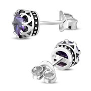 Vintage Royal Crown Celtic Amethyst CZ Sterling Silver Stud Earrings - e455